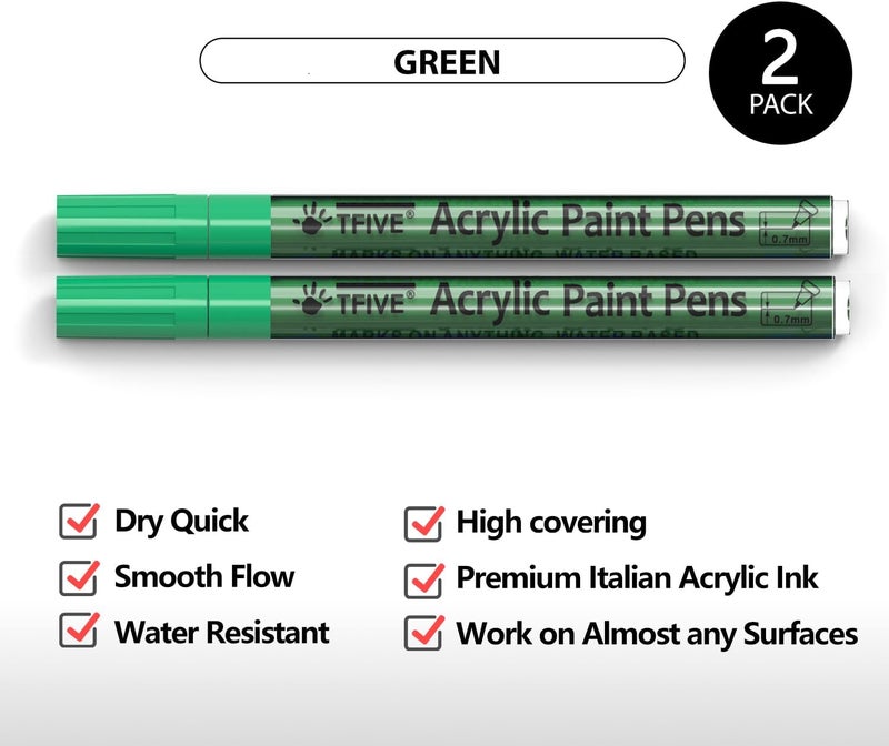 TFIVE Green Paint Pens - 2 Pack Acrylic Permanent Markers, 0.7mm Extra Fine Tip for Art Projects, Drawing, Rock Painting, Ceramic, Glass, Wood, Plastic, Metal, Canvas DIY Crafts - Image 2